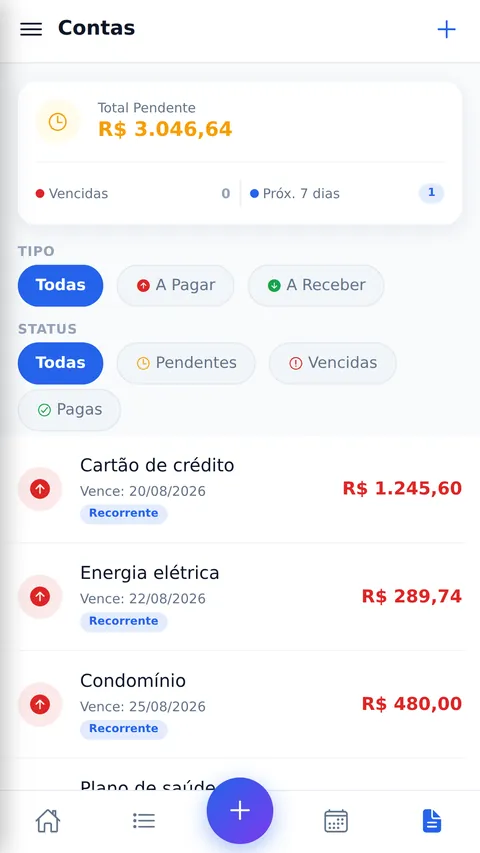 Tela de contas do Pixify: total pendente de R$ 3.046,64, filtros por tipo e situação e a lista de faturas com data de vencimento e marcação de recorrente.