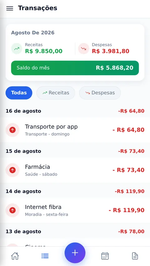 Lista de transações do Pixify agrupadas por dia, com filtros de receita e despesa, valores em verde e vermelho e o total do período no topo.